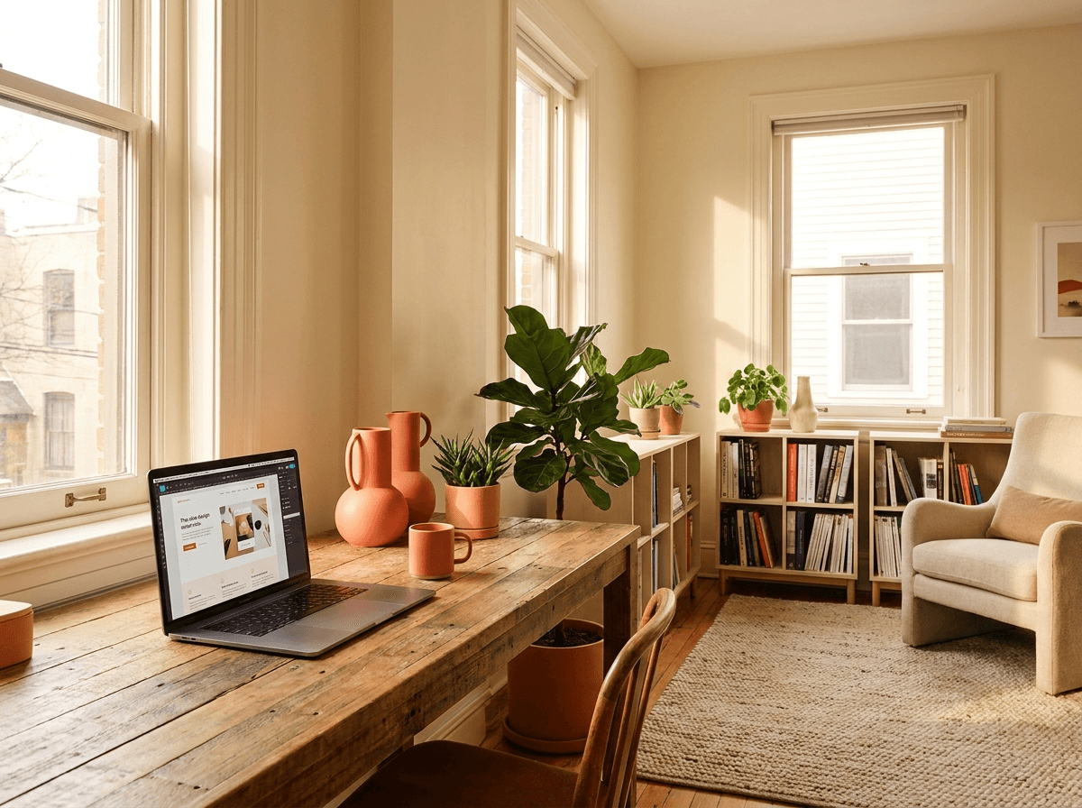 Lichte, warme werkplek van webloei met laptop waarop een websiteontwerp te zien is